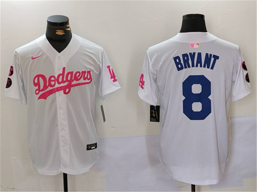 Men's White/Pink Los Angeles Dodgers #8 Kobe Bryant Vin & Kobe Patch Stitched Baseball Jersey
